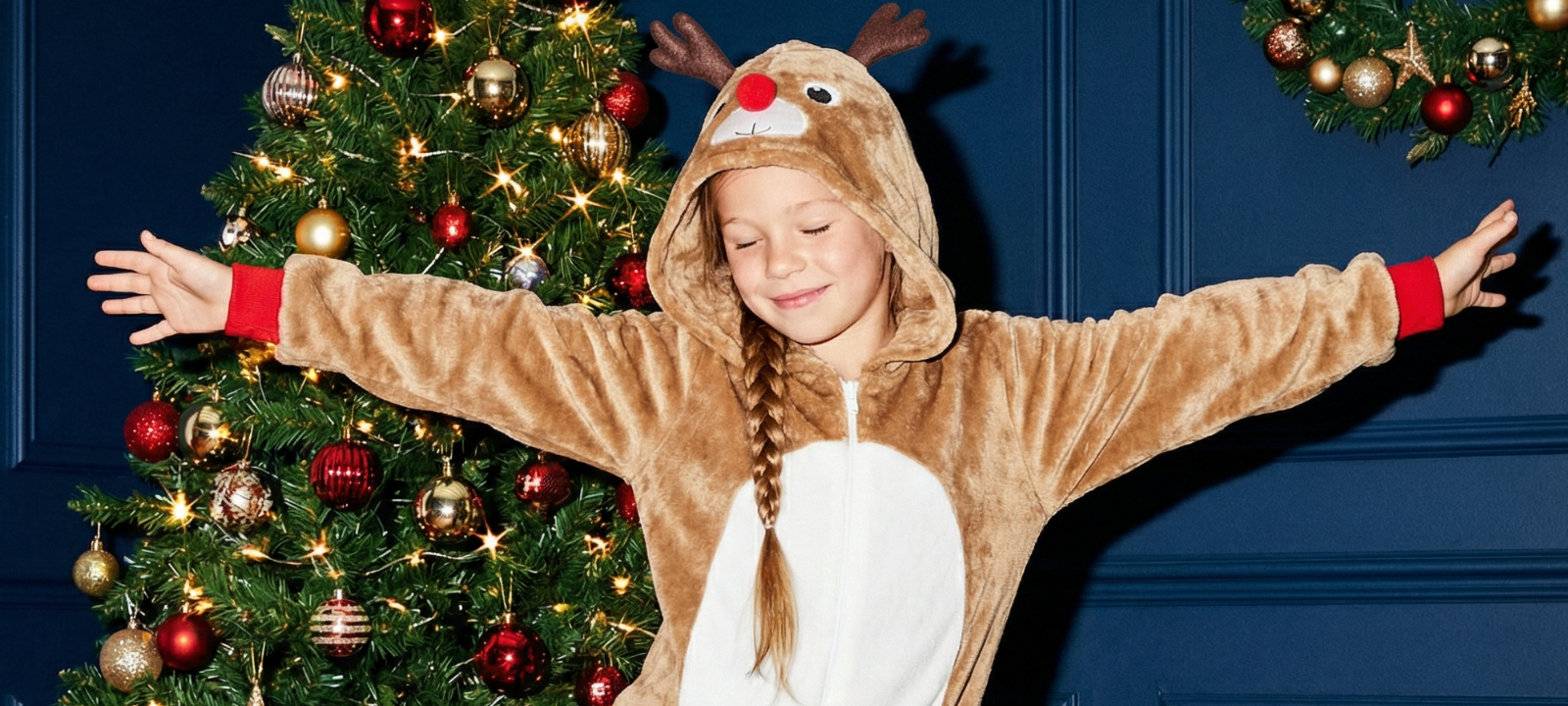 Jente i reinsdyrkostyme med utstrakte armer foran pyntet juletre