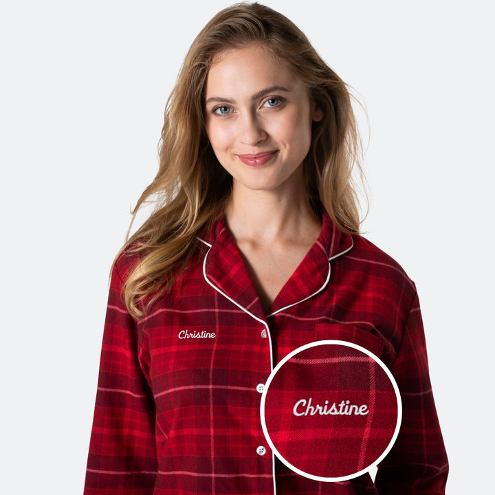 Med eget navn - Flanell Rød Julepysj Dame